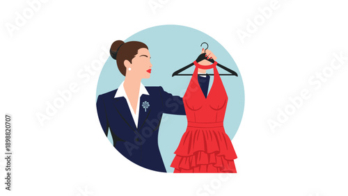 Elegant woman in a blue suit holding up a stylish red dress on a hanger while making a choice for an evening event.