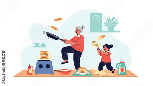 Happy grandmother and young girl having fun in the kitchen while flipping and cooking a tall stack of delicious pancakes.