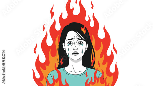 Stressed and emotional woman crying while being surrounded by intense orange flames symbolizing burnout or inner pain.