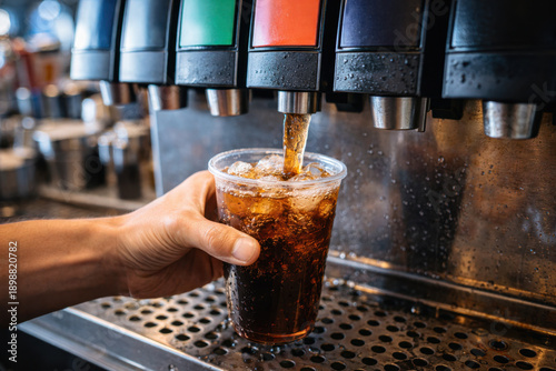 Carbonated soft drink pouring from a soda fountain into a plastic cup with ice. Concept of fast food, self service, cold beverage, cafe, restaurant, and soft drink consumption.