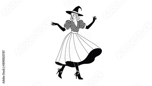 Elegant fashion illustration of a witch wearing a black and white checkered dress and a pointed hat for halloween celebration.