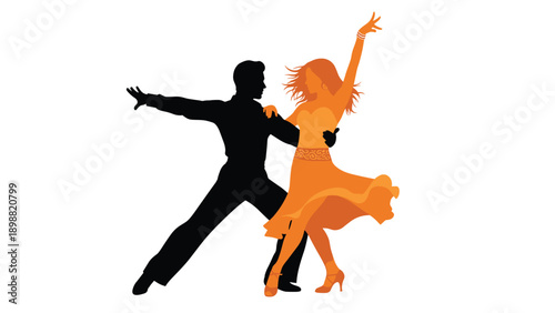 Black silhouette of a man and an orange silhouette of a woman dancing gracefully together on a white background.