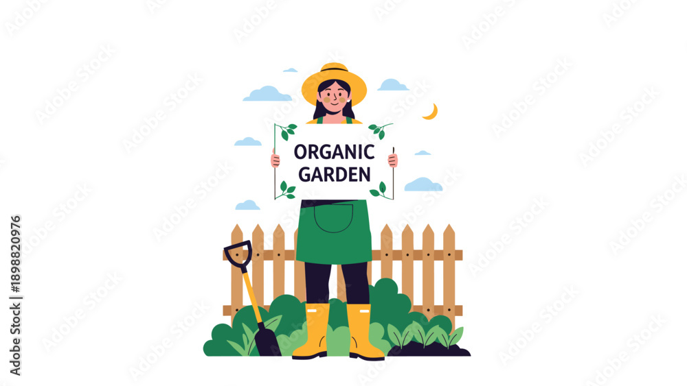 Fototapeta premium Proud female gardener standing behind a wooden fence holding a sign that says organic garden in a green field.