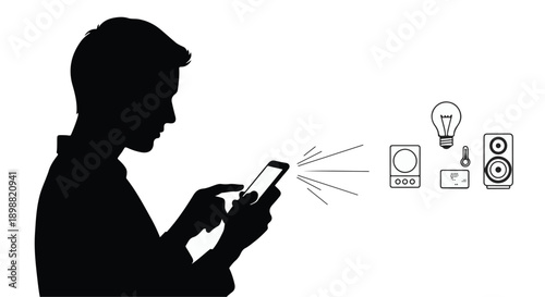 Silhouette of man using smartphone with creative ideas and apps icons flying out, representing innovation and digital communication in modern technology