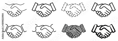 Collection of black handshake icons in various artistic styles including line art, sketch, doodle, and brush stroke for business concepts of agreement and partnership