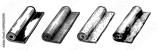 Set of four rolled material samples with different textures, including cross-hatching and stippling, hand-drawn in a black and white ink sketch or engraving style illustration