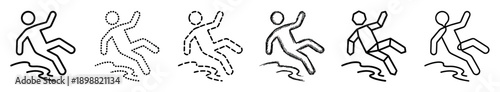 Set of black slippery floor warning icons showing a person falling in various artistic styles like solid, dotted, dashed, sketched, and geometric line art
