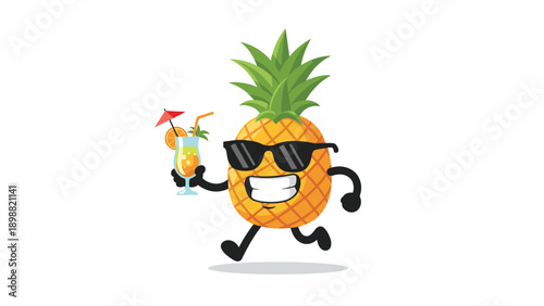 Happy cartoon pineapple character wearing sunglasses running while holding a tropical cocktail with an umbrella and straw.