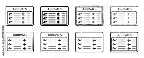 Set of black airport arrivals board icons in various design styles including linear, hand-drawn, dotted, and grunge for travel and transportation concepts