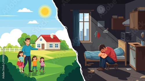Contrast illustration showing a happy family in a sunny landscape versus a depressed man alone in a dark cluttered room.