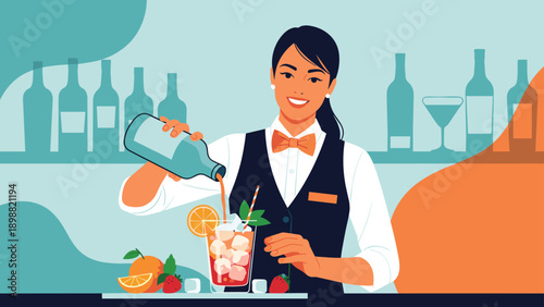 Professional female bartender smiling while pouring a drink into a glass filled with fruit and ice at a stylish bar.