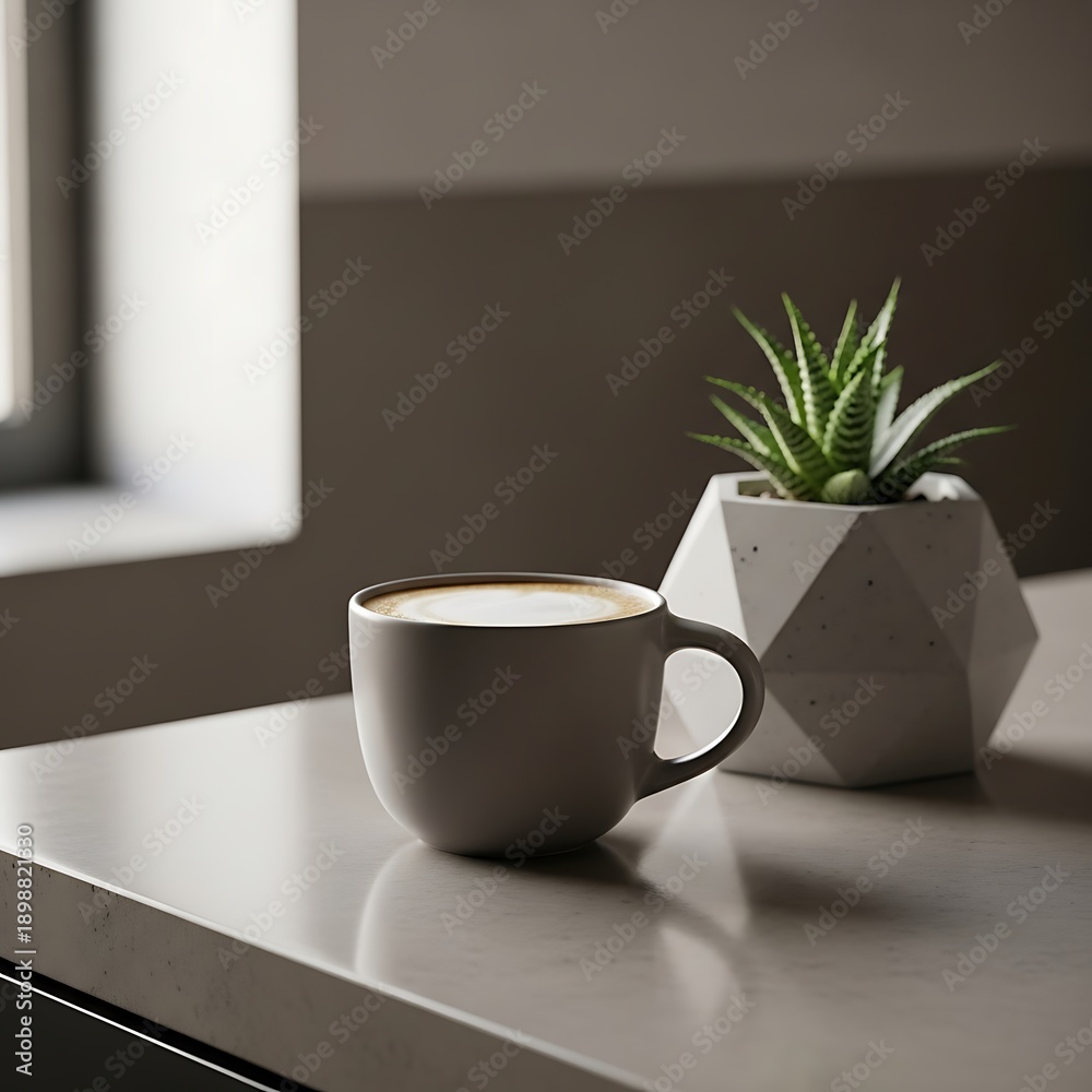 Fototapeta premium Gray coffee cup on a table beside a small potted green succulent plant