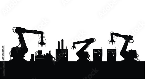 Industrial robotic arms working in factory setting with machinery and equipment, manufacturing and production concept, modern technology and automation