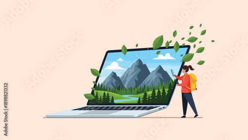 Small female hiker standing next to a large laptop screen showing a mountain landscape with leaves blowing out of it.