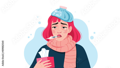 Young woman with red hair feeling ill with a thermometer in her mouth, a fever pack on her head, and a tissue box.