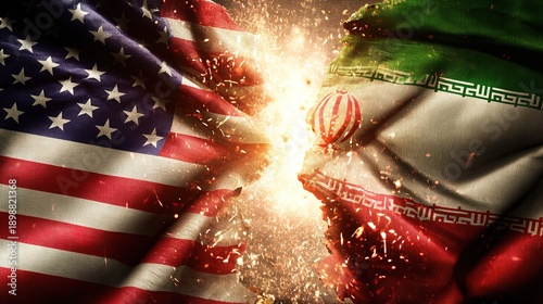 Flags of Iran and USA. Crack between state symbols. Concept of political conflict with USA. Severance of relations with Iran. Patriotic banners of USA and Iran. Diplomatic relations