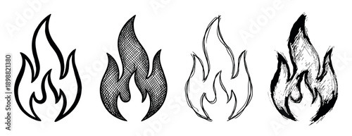 Set of four hand-drawn fire flame icons in various artistic styles including outline, sketch, crosshatch, and grunge for graphic design elements and symbolic representation