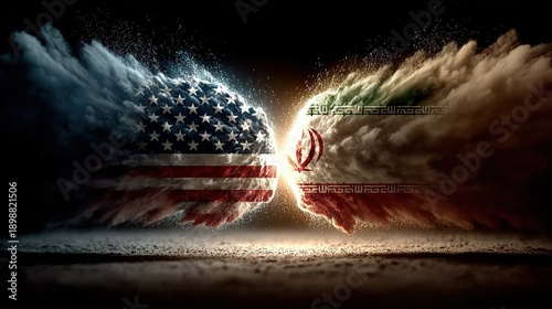 Flags of USA and Iran painted on two fists on sky background. United States of America versus Iran trade war disputes concept. Sanctions policy