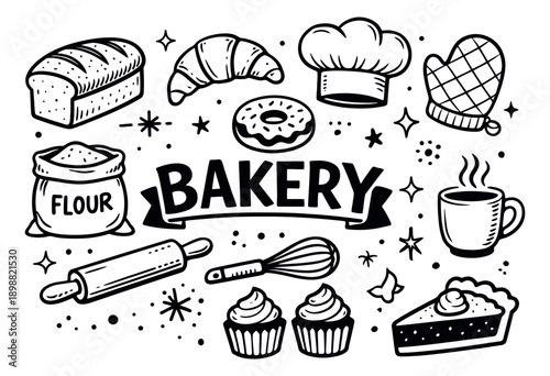 Hand drawn line art bakery set featuring sweet treats, bread, and baking tools for food and cafe design