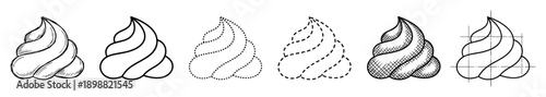 Set of black and white whipped cream dollop icons in various artistic styles like sketch, outline, dotted, dashed, and cross-hatching for dessert design