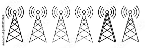 Set of black radio tower icons with signal waves, showcasing various line art styles including solid, dashed, dotted, and hand-drawn for communication concepts