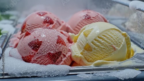 scoops of strawberry and mango ice cream in freezer