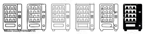 Set of six vending machine illustrations in various graphic styles including line art, sketch, dotted, blueprint, continuous line, and silhouette for snacks and drinks