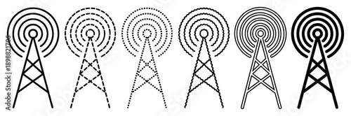 Set of six black transmission tower icons with different outline styles including solid, dashed, dotted, and wavy, representing communication signals and broadcasting technology