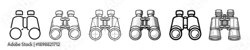 Set of six binocular illustrations showing different artistic styles from simple icons and line art to detailed sketches, technical drawings, and halftone patterns in a row