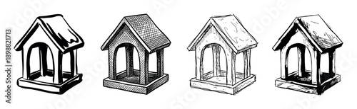 Set of four hand-drawn bird feeders illustrated in various black ink sketch styles, from simple outlines to detailed cross-hatching, showcasing artistic doodle techniques