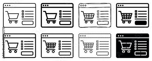 Set of black online shopping icons showing a shopping cart and product list in various styles like line art, glyph, pixelated, and hand-drawn for e-commerce
