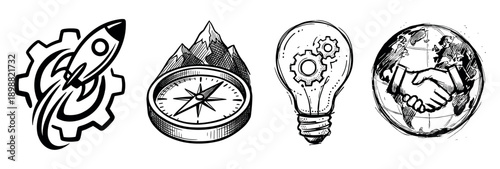 Set of four hand-drawn business icons representing startup, direction, innovation, and global partnership in a black and white sketch style for conceptual design