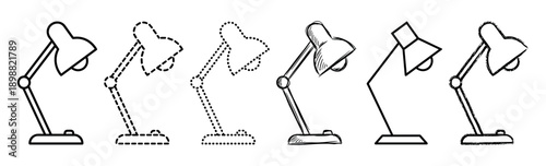 Set of six black desk lamp icons drawn in various artistic styles including outline, dashed, dotted, sketch, and geometric for graphic design and illustration concepts
