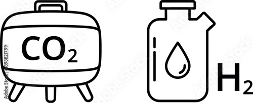 Illustration of carbon dioxide and hydrogen gas containers in a chemical context