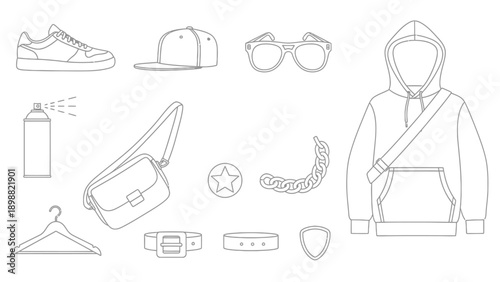 Urban streetwear fashion accessories set in outline art