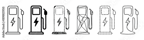 Set of six electric car charging station icons in various design styles including line art, sketch, geometric, and solid fill for clean energy concepts