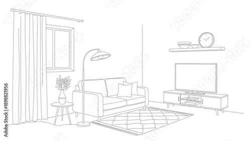 Black and white line art sketch of a modern living room interior with sofa and TV stand.