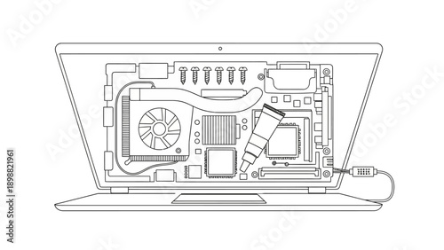 Technical blueprint illustration of a laptop computer's internal hardware components.