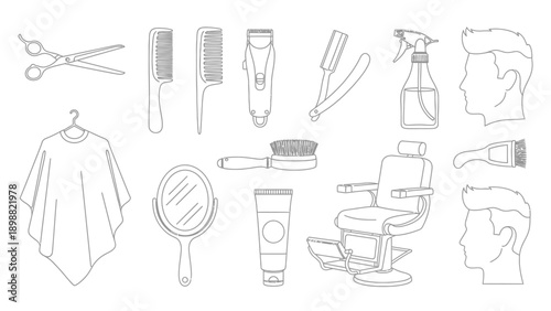 Outline illustration of barbershop and haircut accessories set