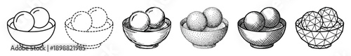 Six black and white illustrations of eggs in a bowl, a collection showcasing various artistic styles like line art, sketch, stippling, engraving, and geometric low poly design