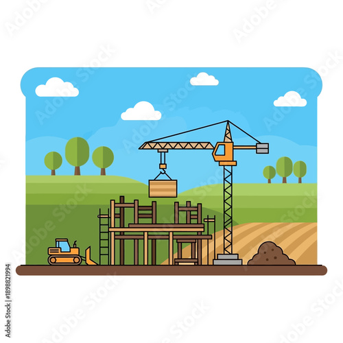 Construction Site with Crane and Excavator Building a House in a Rural Landscape