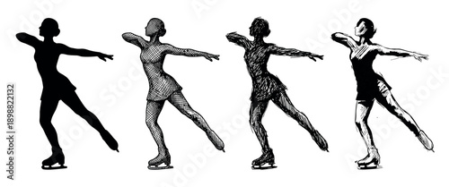 Four black and white artistic illustrations of a female figure skater in a graceful pose showing a progression of drawing styles from silhouette to detailed sketch