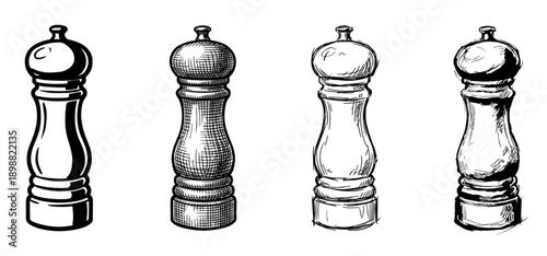 Four black and white pepper mill illustrations in different hand-drawn styles, including sketch, engraving, and graphic vector, showing a collection of kitchen seasoning tools