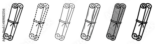 Set of six black cinnamon stick illustrations in various artistic styles including line art, dotted, dashed, and sketched, showing the rolled spice tied with a string