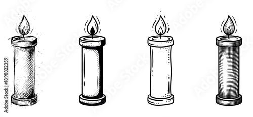 Four hand-drawn black and white candles burning with a bright flame in a vintage sketch style, showcasing different artistic techniques like cross-hatching and stippling