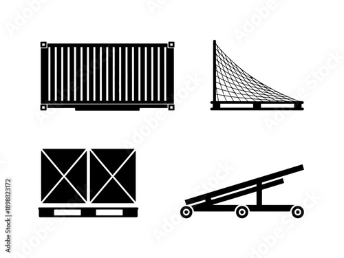 Illustrations of different types of conveyor systems and sorting mechanisms isolated on white background, Vector, illustration