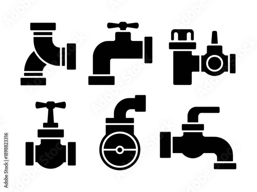 Collection of black and white icons representing various plumbing fixtures and tools isolated on white background, Vector, illustration