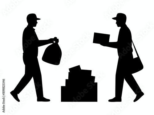 Two delivery workers handling packages and boxes near a stack of goods isolated on white background, Vector, illustration