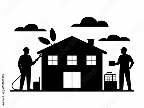 Two gardeners tending to a house and its yard on a sunny day isolated on white background, Vector, illustration