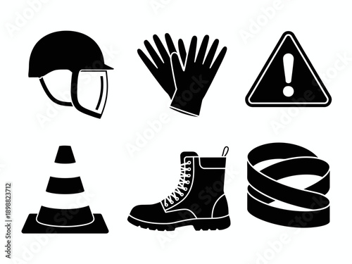 Essential safety gear and equipment icons displayed in black and white isolated on white background, Vector, illustration
